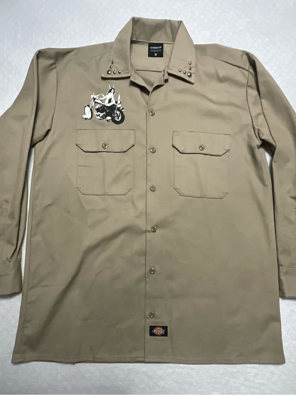 Dickies Men’s Khaki Button-Down Shirt with Studded Collar & Motorcycle Patch